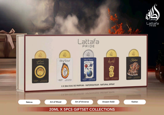 GIFT Nebras | Art Of Wood | Art Of Universe | Ansaam Gold | Kashan | 20ml x 5pcs|by Lattafa Pride