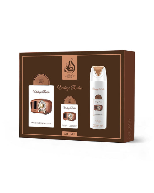 Coffret Vintage Radio Lattafa Pride Parfum 100 ml + Format Voyage + Déodorant